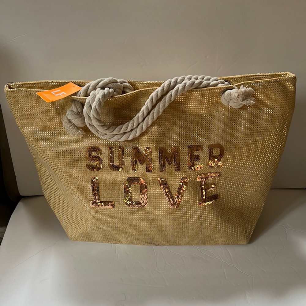 Rose Gold & Beige Burlap Glitzy & Sequin graphic Beach Bag with Rope Handles